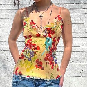 Hale Bob Silk Floral Camisole Beaded Ruffle Top S